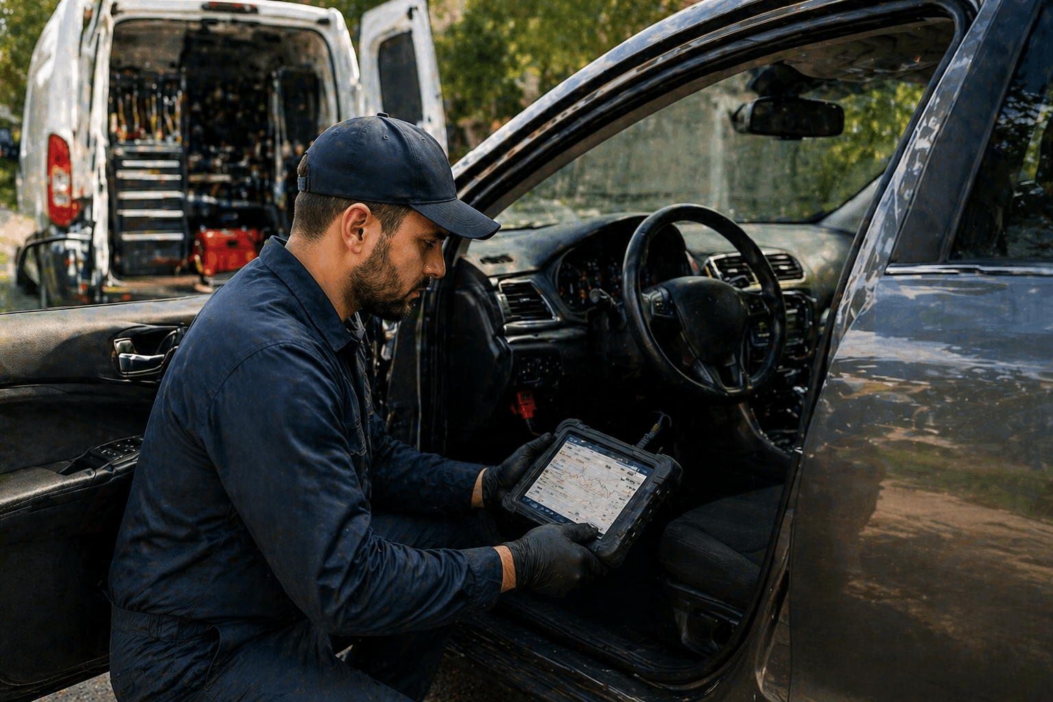 Car diagnostics service using scanner to detect engine problems and warning codes