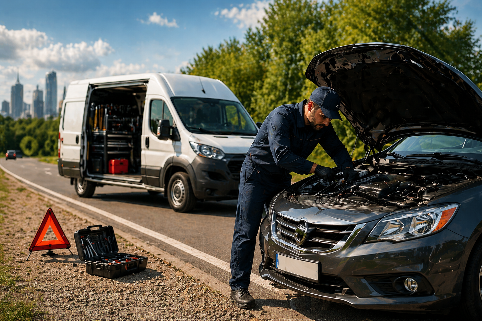 Mobile mechanic in Ontario repairing a car for urgent breakdown issues