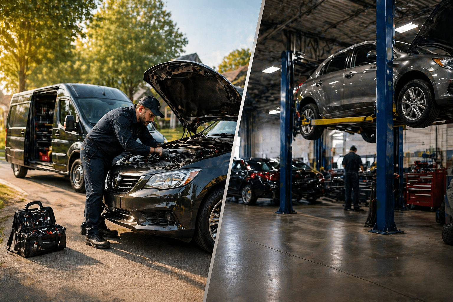 Mobile mechanic in Ontario repairing a car on-site compared to traditional auto repair shop