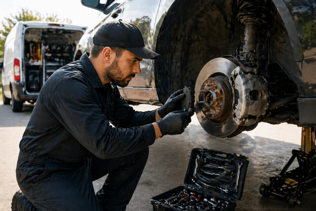 Mobile mechanic inspecting car brake system for repair signs and safety issues
